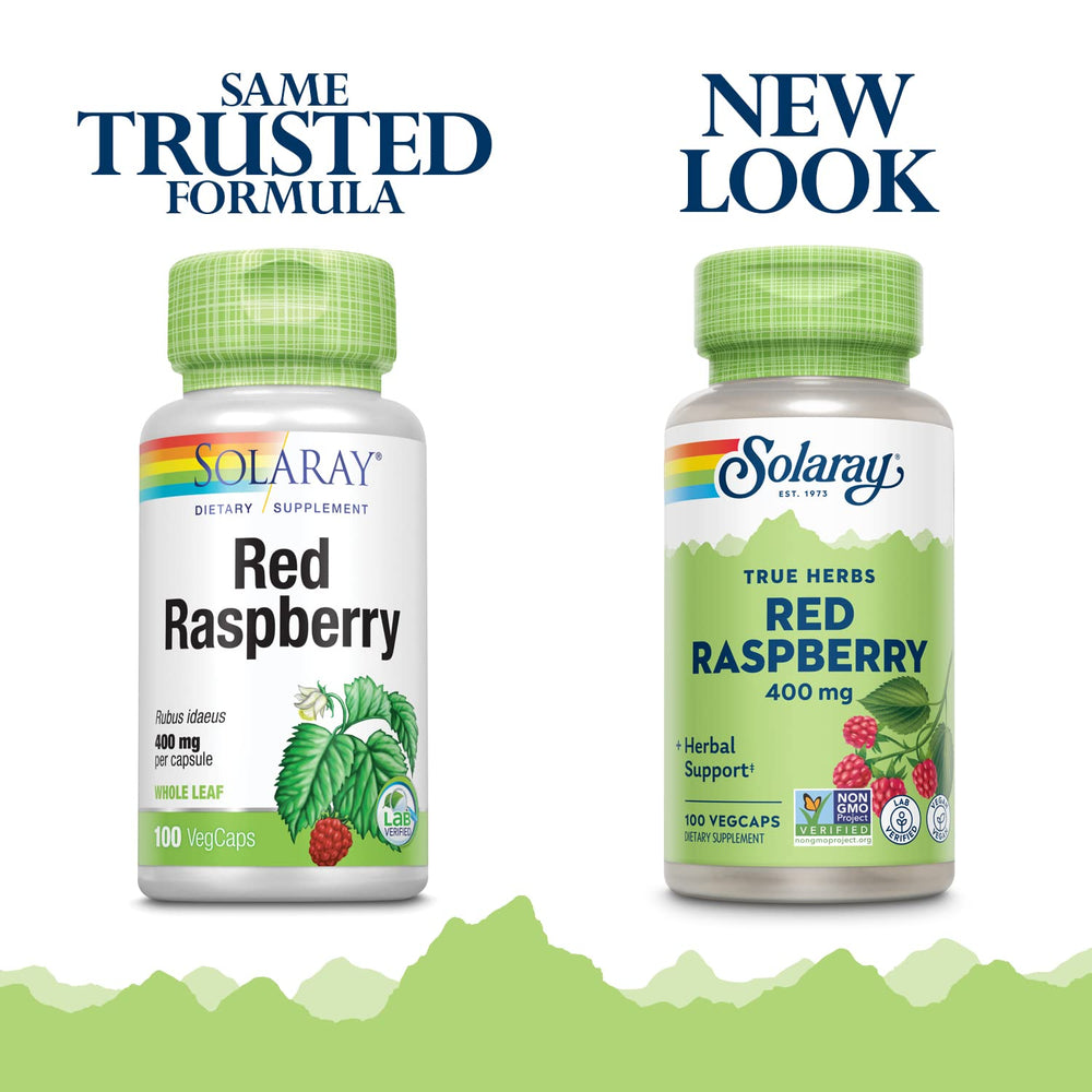 SOLARAY red raspberry leaves capsules closeup, 400 mg per capsule for easy dosing.