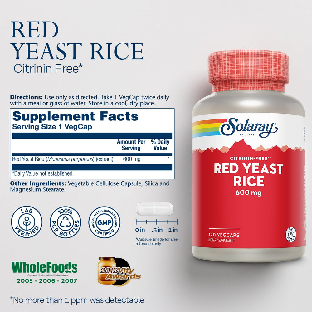 Solaray Red Yeast Rice capsules ready for daily use with meals