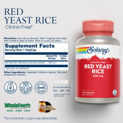 Solaray Red Yeast Rice capsules ready for daily use with meals