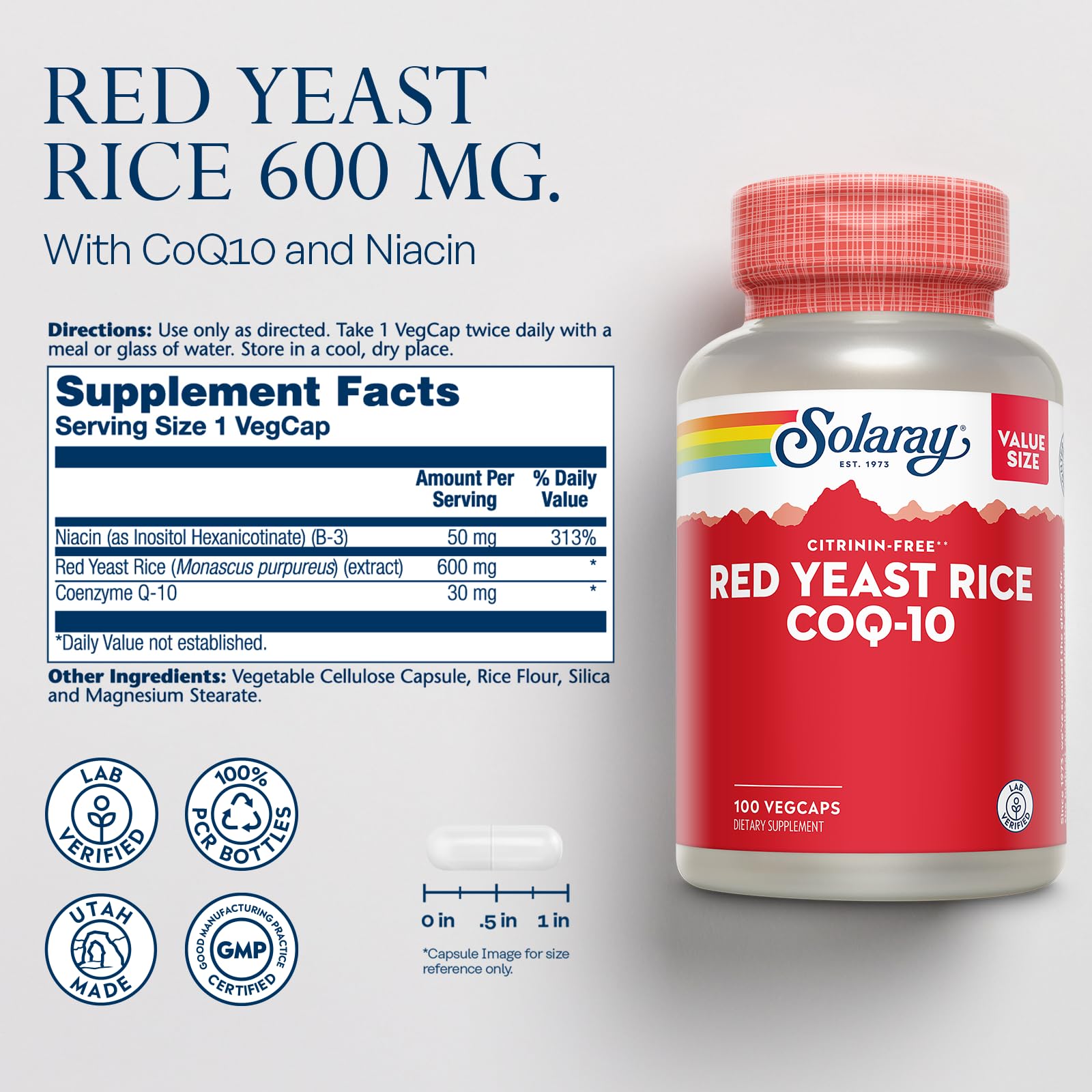 SOLARAY Red Yeast Rice CoQ10 No-Flush Niacin bottle cap for easy dosing