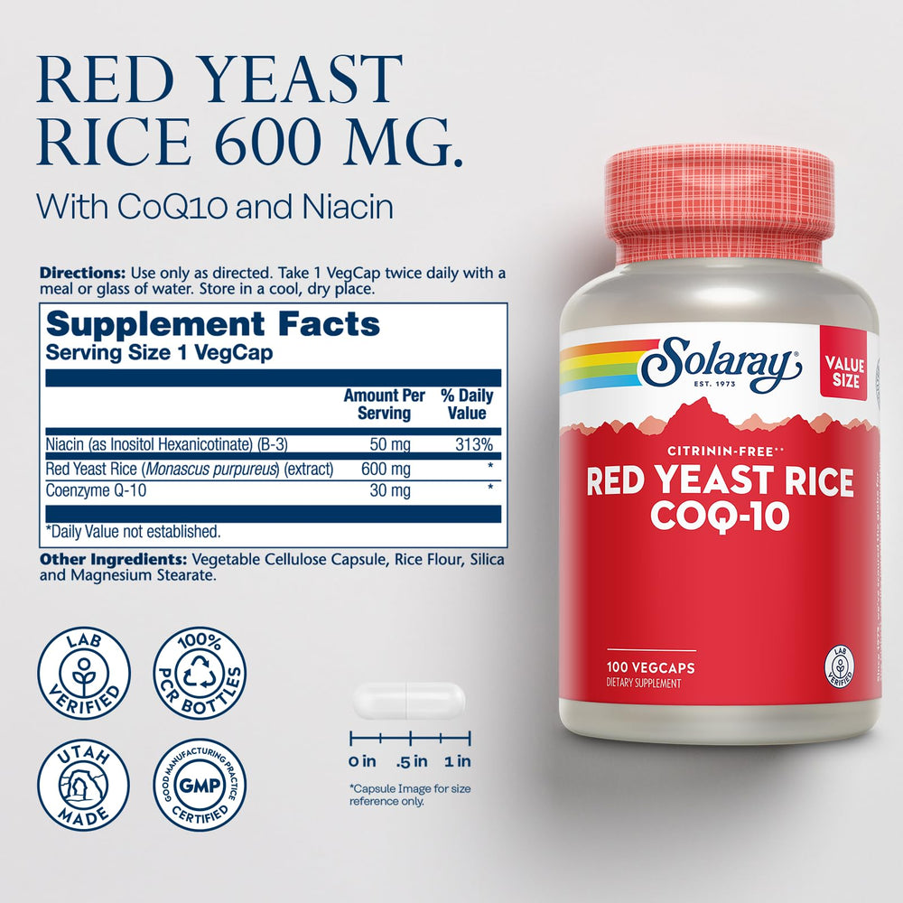 SOLARAY Red Yeast Rice CoQ10 No-Flush Niacin bottle cap for easy dosing
