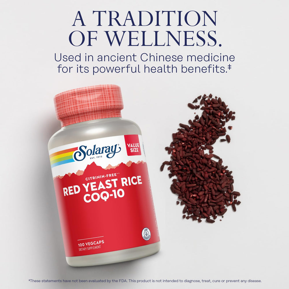 SOLARAY Red Yeast Rice CoQ10 No-Flush Niacin capsules close-up ready for daily intake