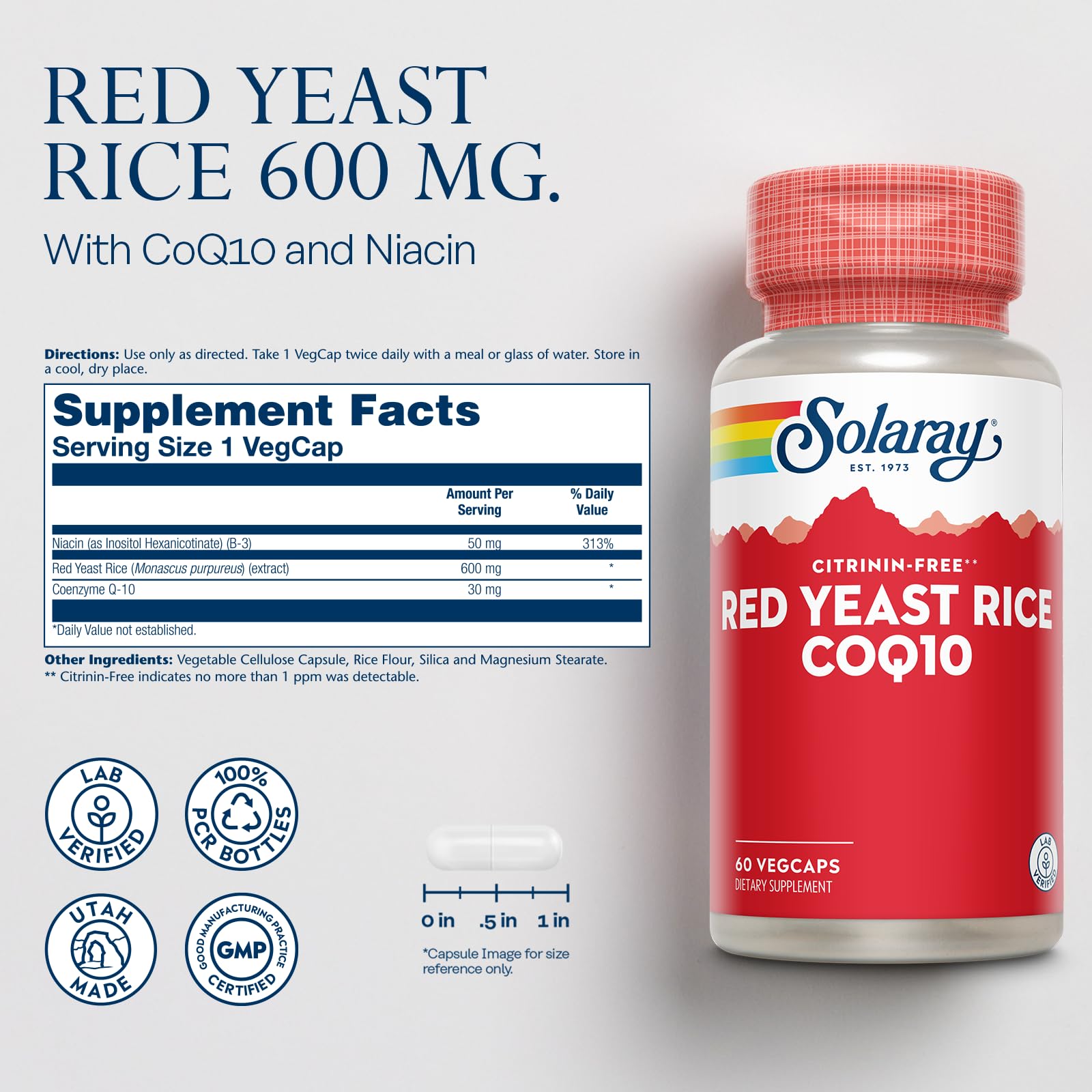 SOLARAY Red Yeast Rice capsules with No-Flush Niacin for easy daily use