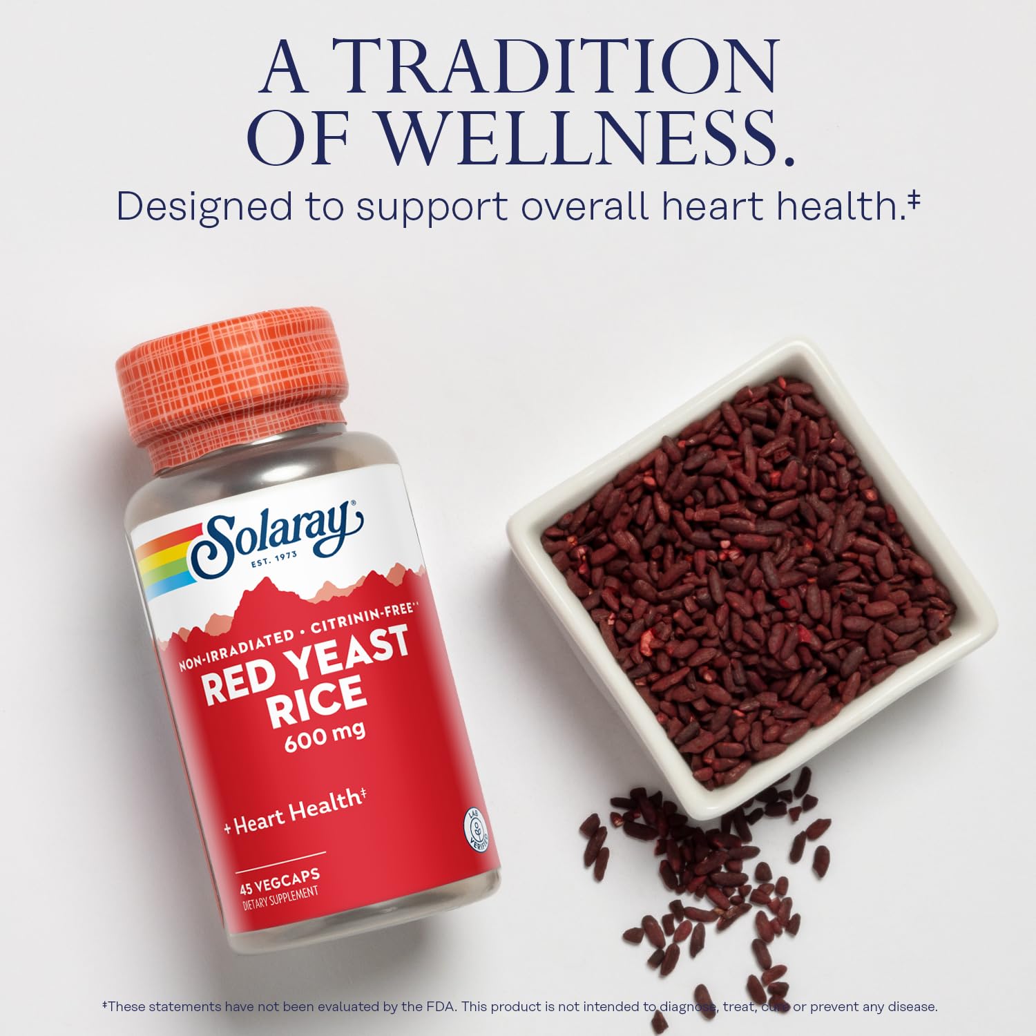 Solaray Red Yeast Rice label highlights non-irradiated and citrinine-free formula