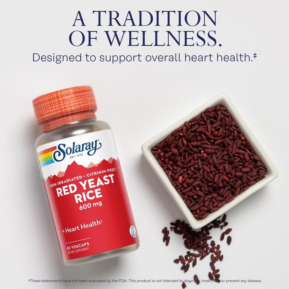 Solaray Red Yeast Rice label highlights non-irradiated and citrinine-free formula