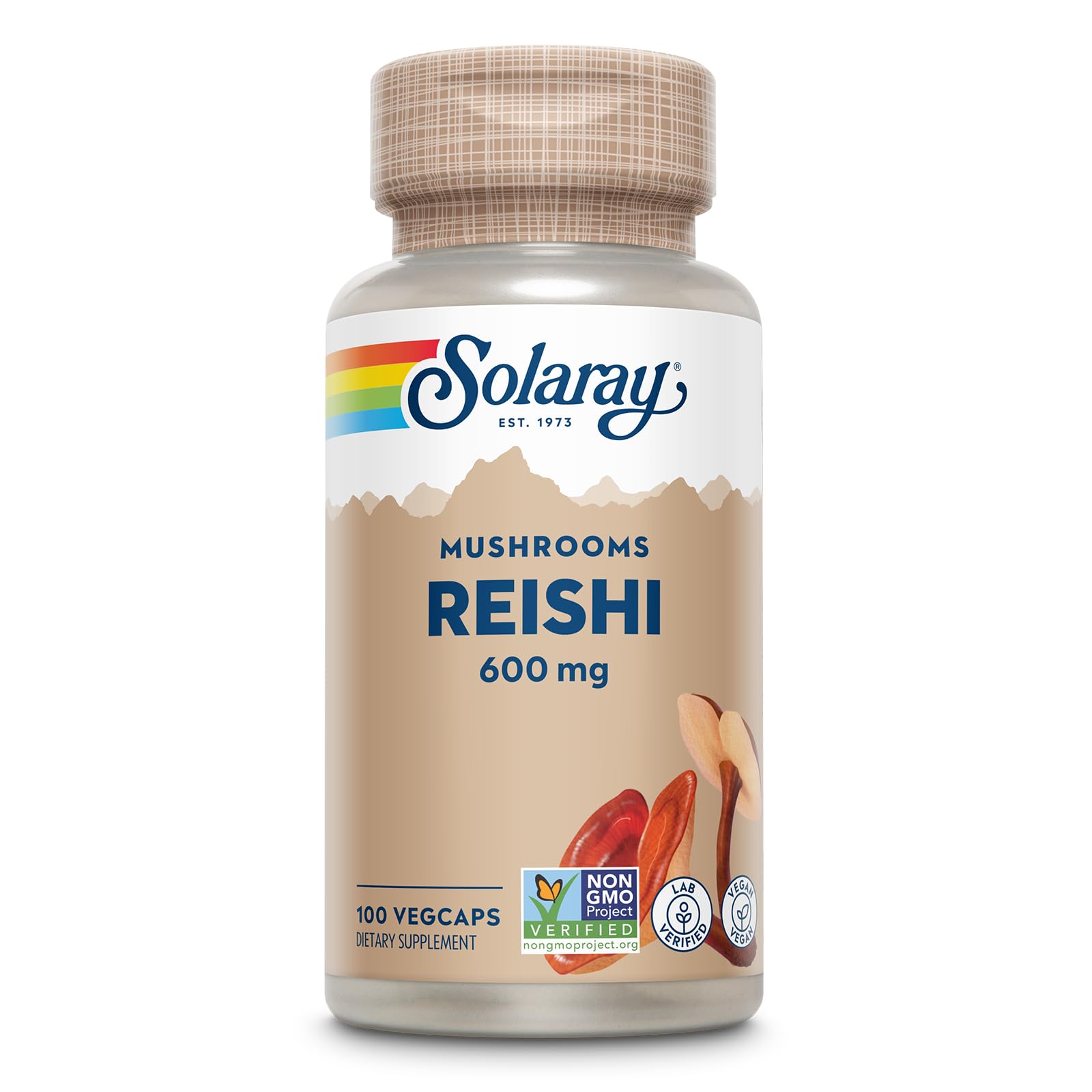 SOLARAY Reishi 600mg bottle close-up highlighting immune support and vegan wellness.