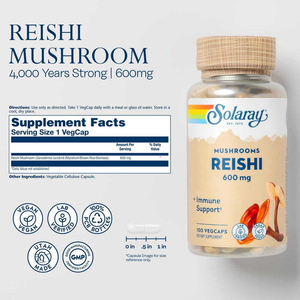 SOLARAY Reishi capsules in bottle close-up showcasing vegan immune-support capsules.