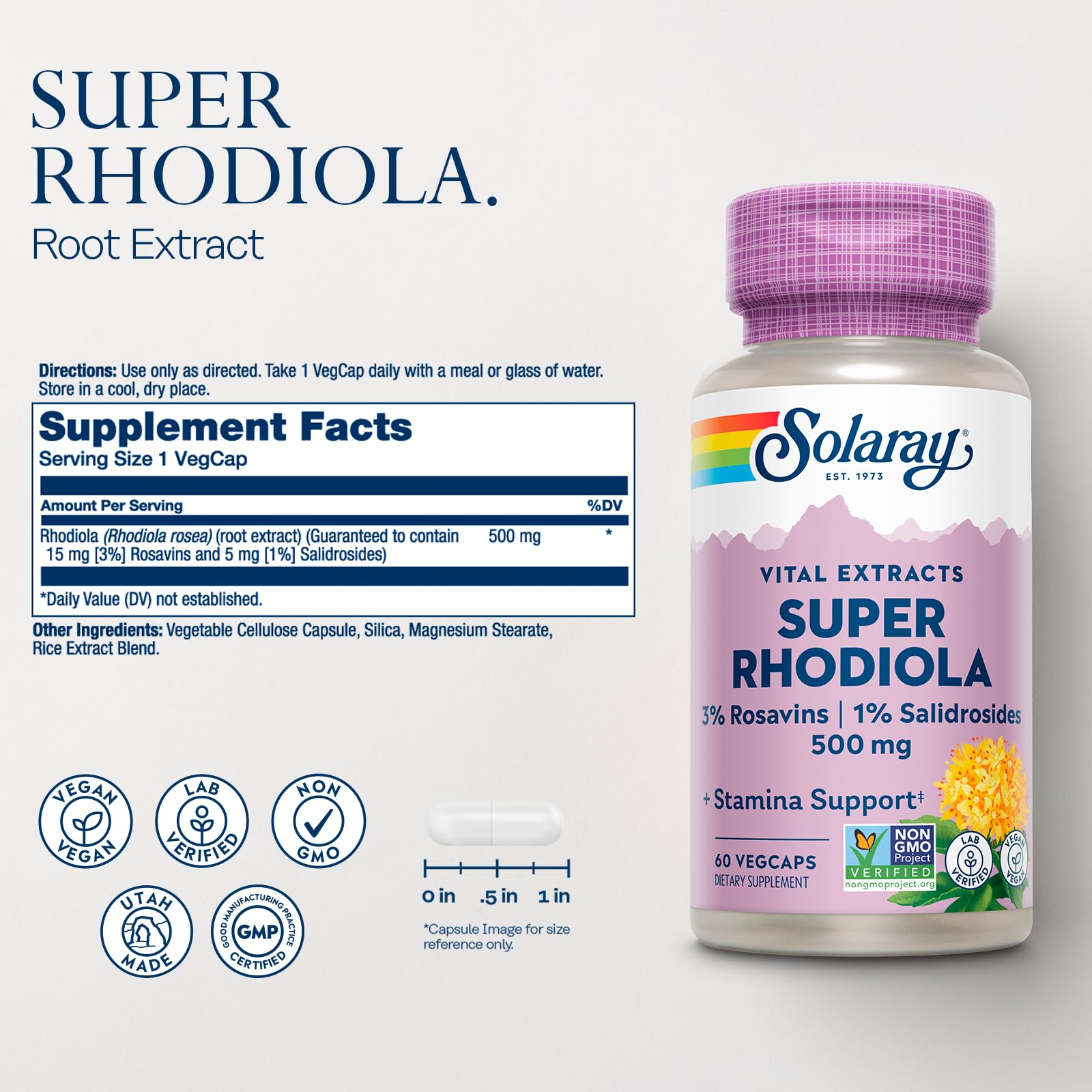 SOLARAY rhodiola rosea root extract label shows rosavins and salidrosides potency.