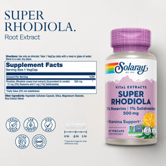 SOLARAY rhodiola rosea root extract label shows rosavins and salidrosides potency.