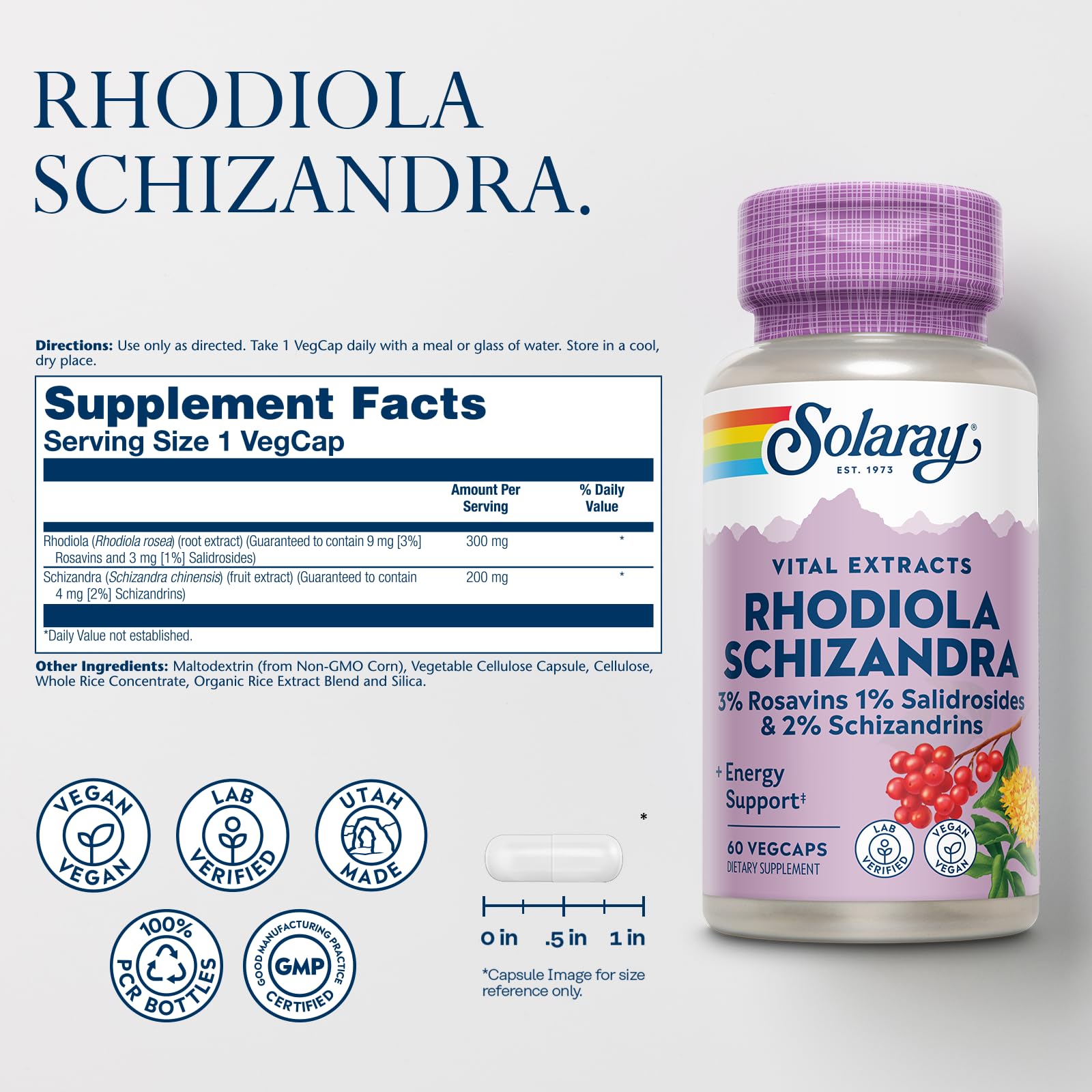 SOLARAY Rhodiola Schizandra capsules shown for on-the-go use