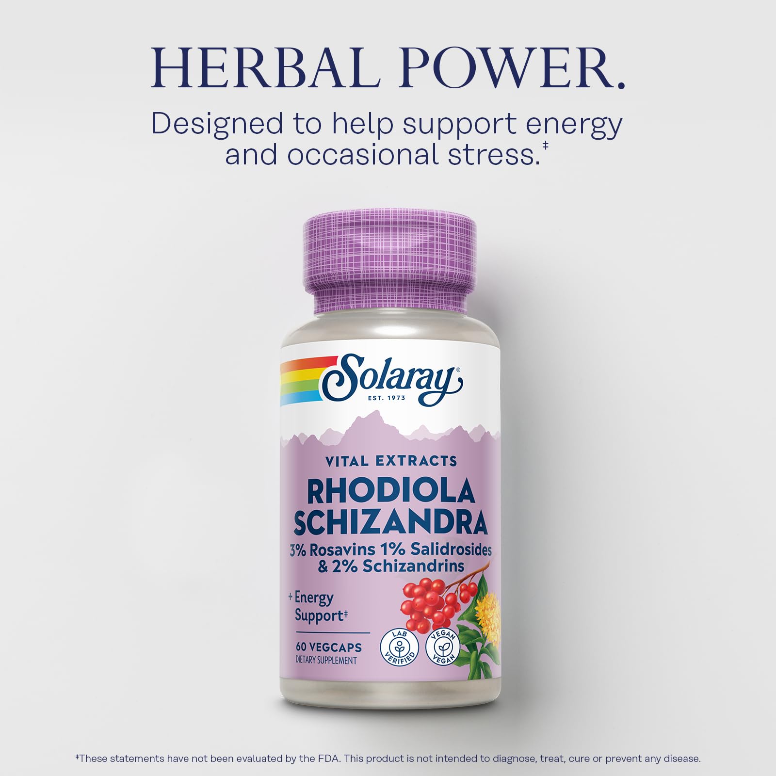 Close-up SOLARAY Rhodiola Schizandra label shows potency for energy support