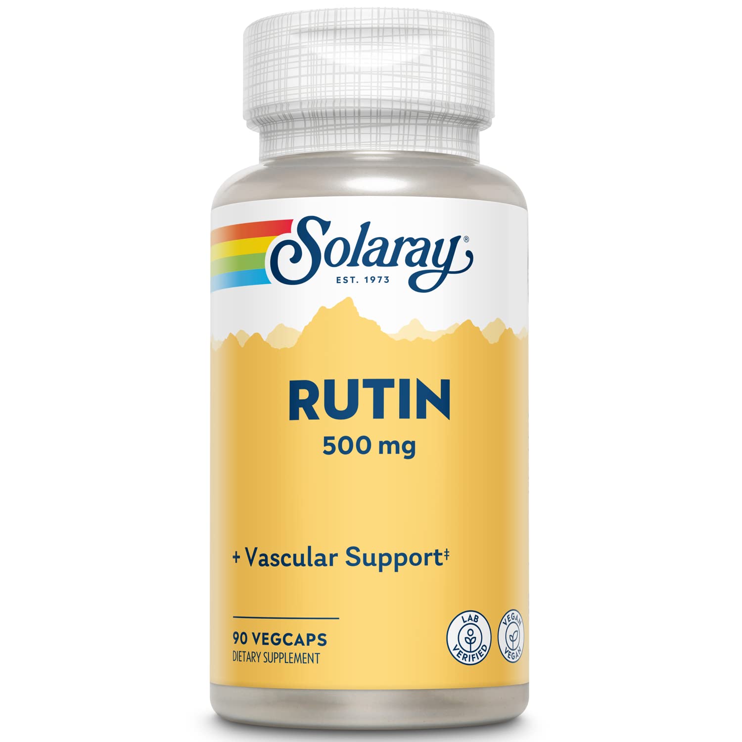 SOLARAY Rutin 500 mg capsules bottle highlights vegan vascular support.
