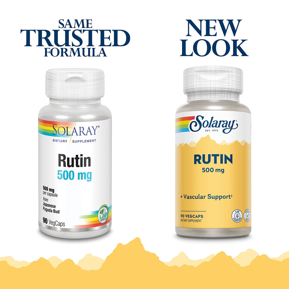 SOLARAY Rutin bottle packaging showcasing 90 veggie capsules for daily vascular wellness.