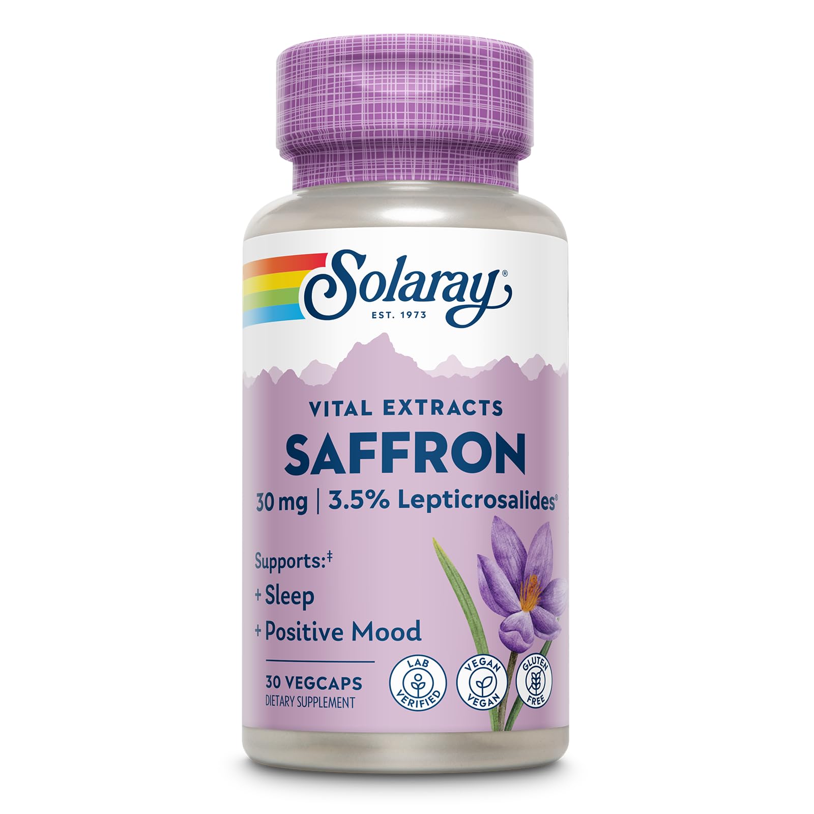 SOLARAY Saffron Extract bottle label highlights vegan, gluten-free quality for daily wellness.