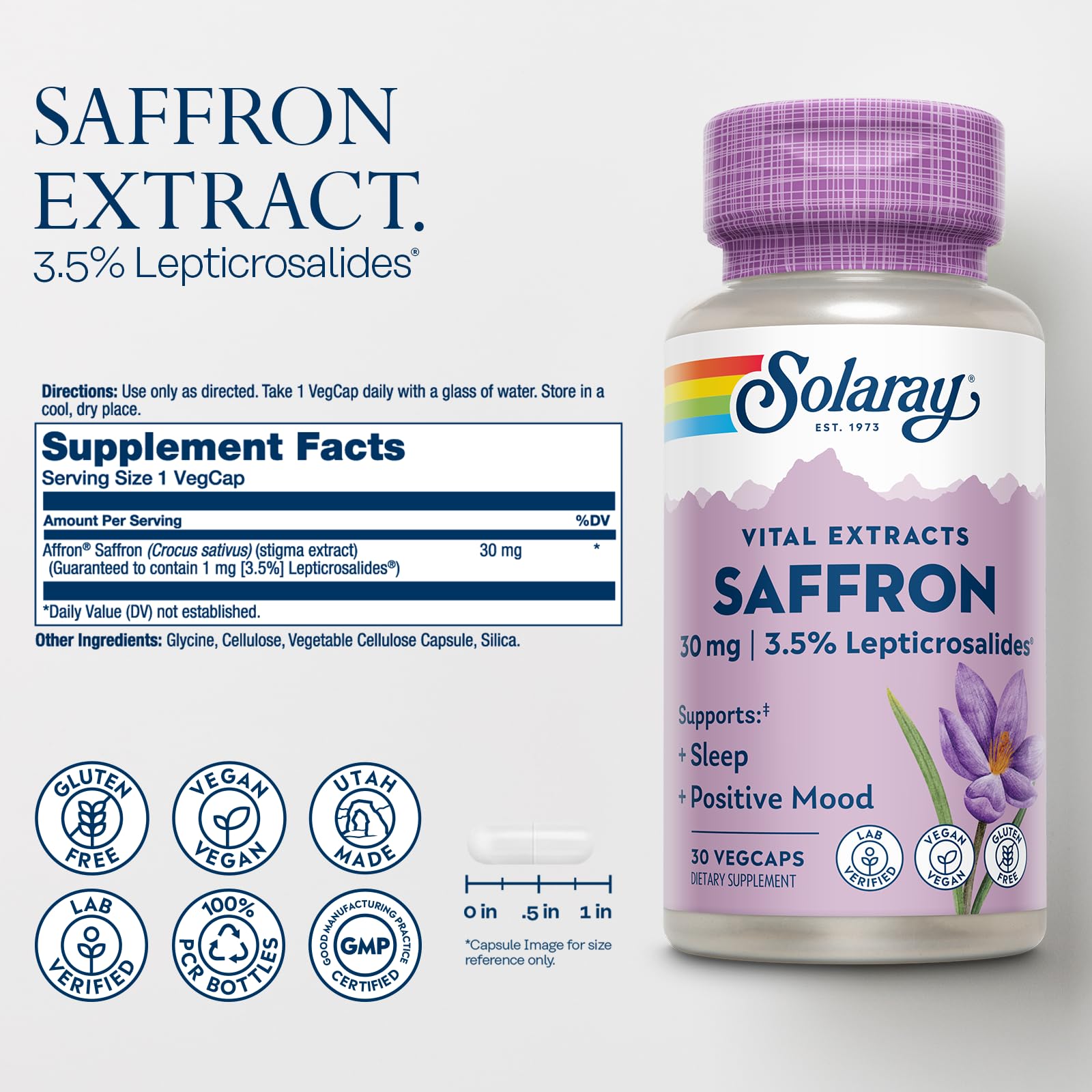 SOLARAY Saffron Extract serving vegcaps demonstrates easy daily mood and sleep support.