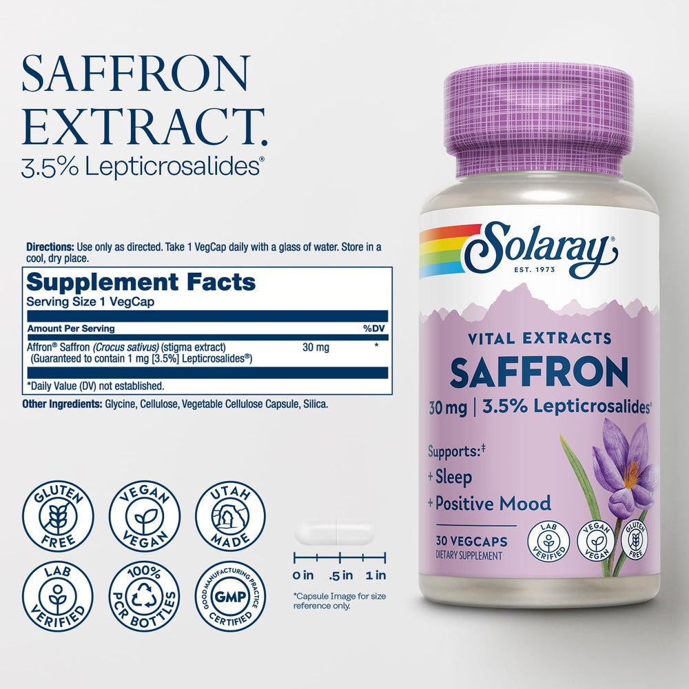 SOLARAY Saffron Extract serving vegcaps demonstrates easy daily mood and sleep support.