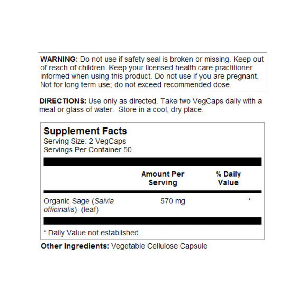 Close-up of SOLARAY Sage Leaf label showing organic farming and potency