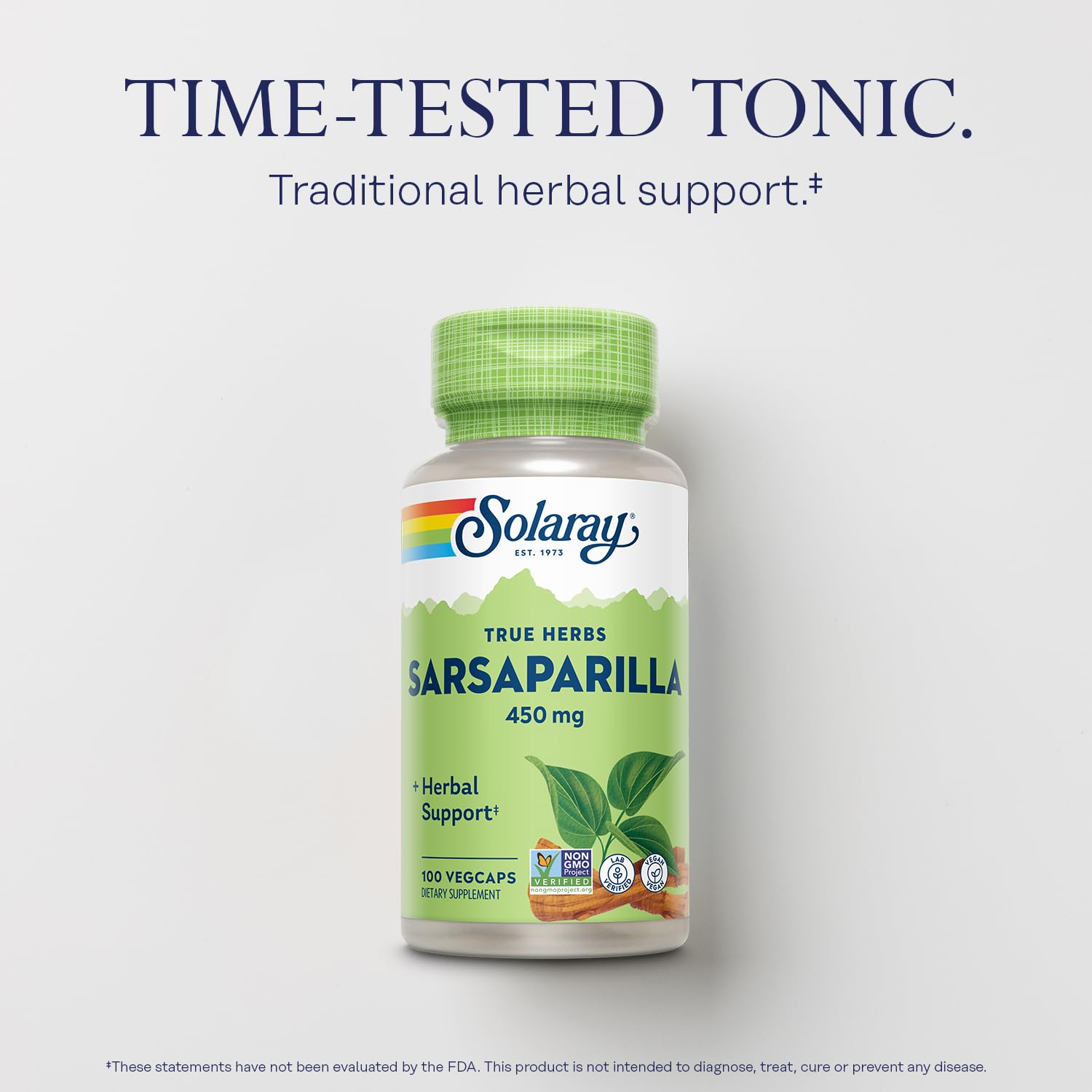 SOLARAY Sarsaparilla Root bottle back label reveals ingredients and testing marks.