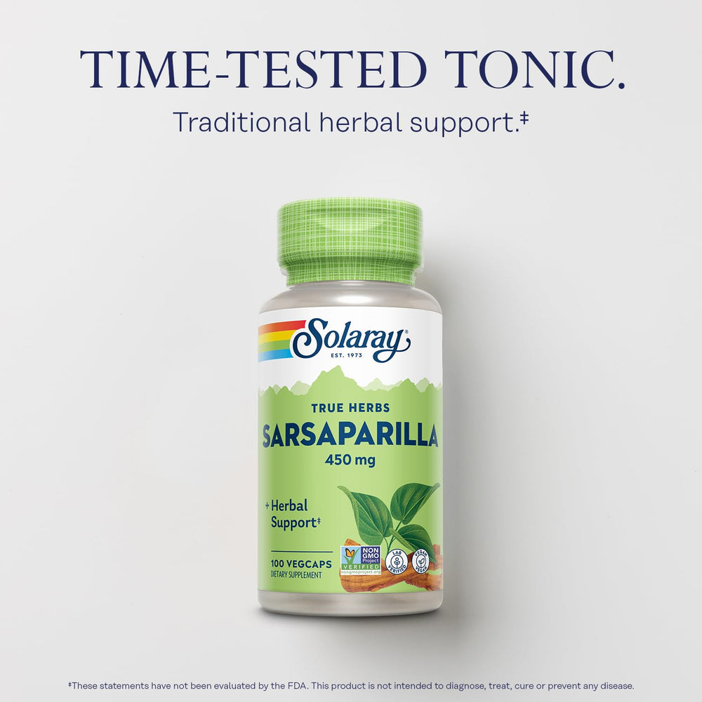 SOLARAY Sarsaparilla Root bottle back label reveals ingredients and testing marks.