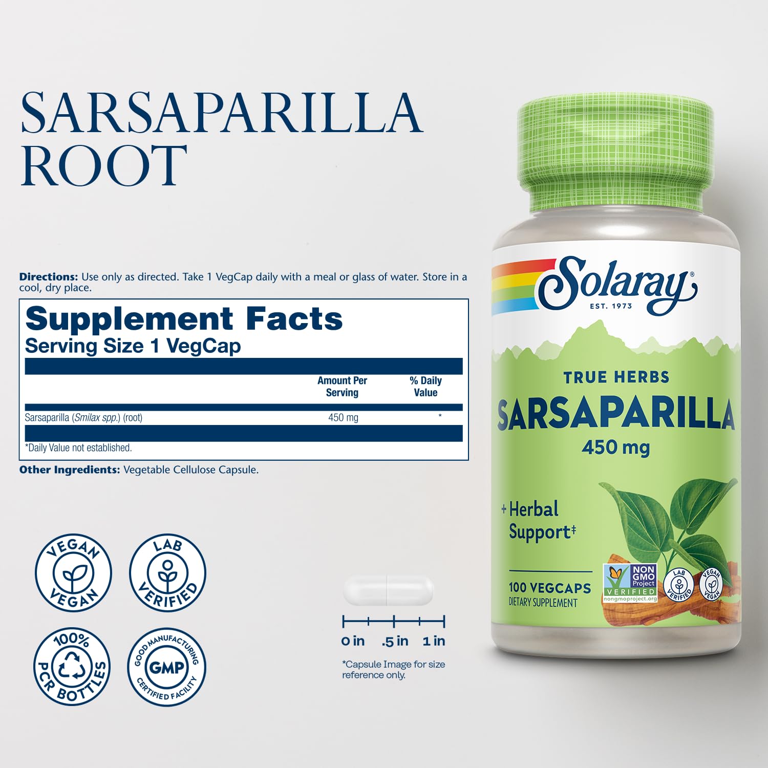 SOLARAY Sarsaparilla Root capsules close-up highlighting vegan, non-GMO formula.