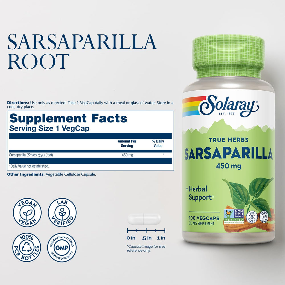 SOLARAY Sarsaparilla Root capsules close-up highlighting vegan, non-GMO formula.