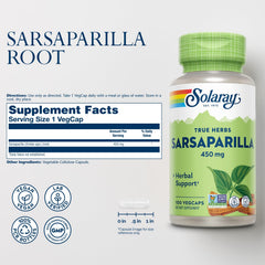 SOLARAY Sarsaparilla Root capsules close-up highlighting vegan, non-GMO formula.