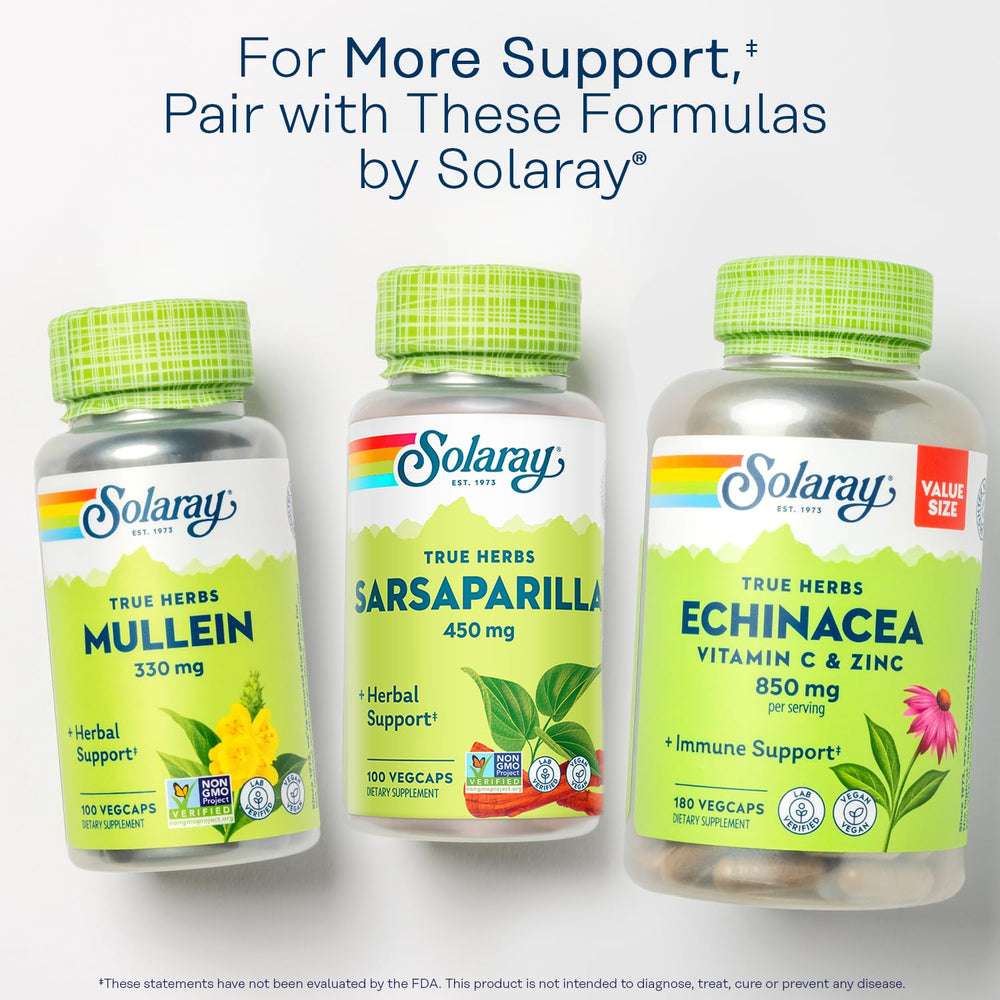 SOLARAY Sarsaparilla Root lab verification badge indicates quality.