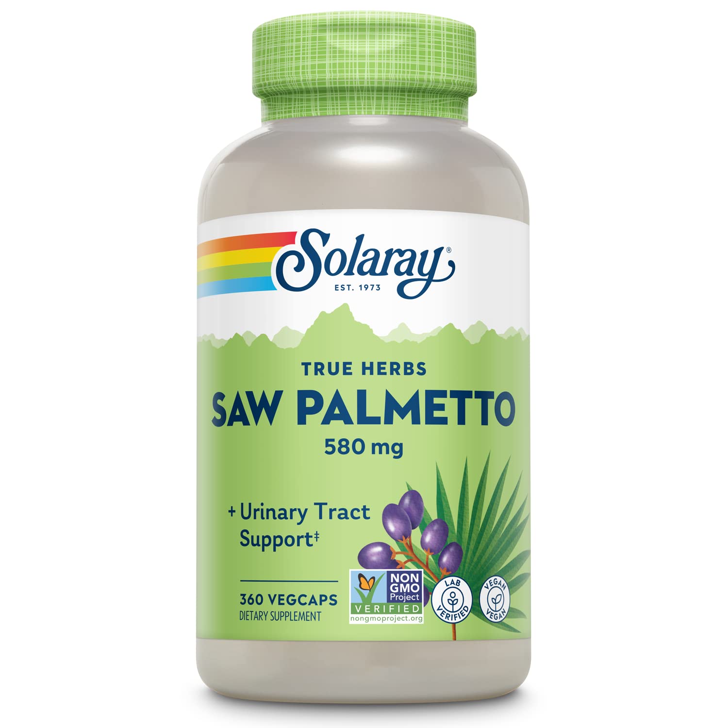 SOLARAY Saw Palmetto 580 mg bottle with capsules for prostate support