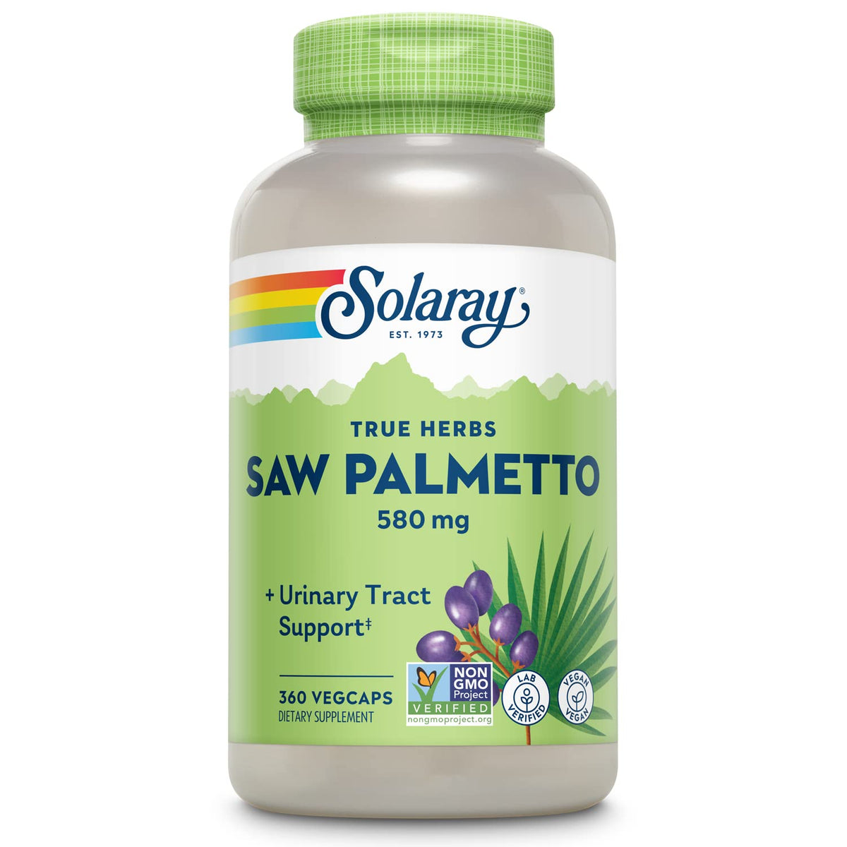 SOLARAY Saw Palmetto 580 mg bottle with capsules for prostate support
