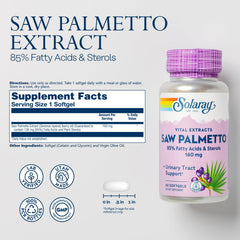 SOLARAY Saw Palmetto capsules close-up for easy daily supplementation.