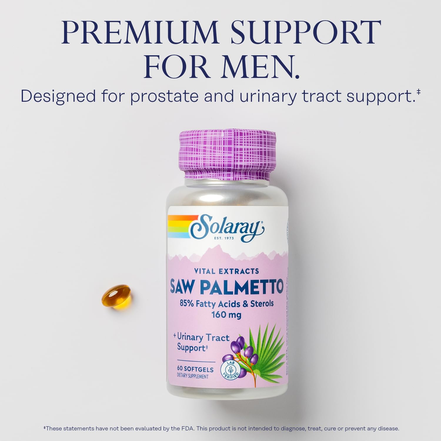 Label detail showing 160 mg saw palmetto with fatty acids and sterols.