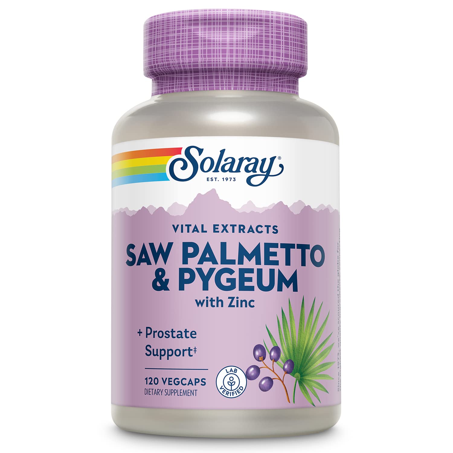 SOLARAY Saw Palmetto & Pygeum bottle label highlights vegan, gluten-free prostate support.