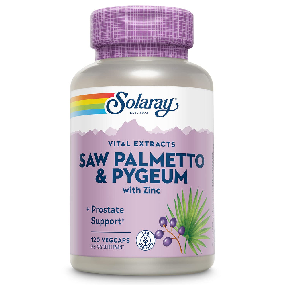 SOLARAY Saw Palmetto & Pygeum bottle label highlights vegan, gluten-free prostate support.