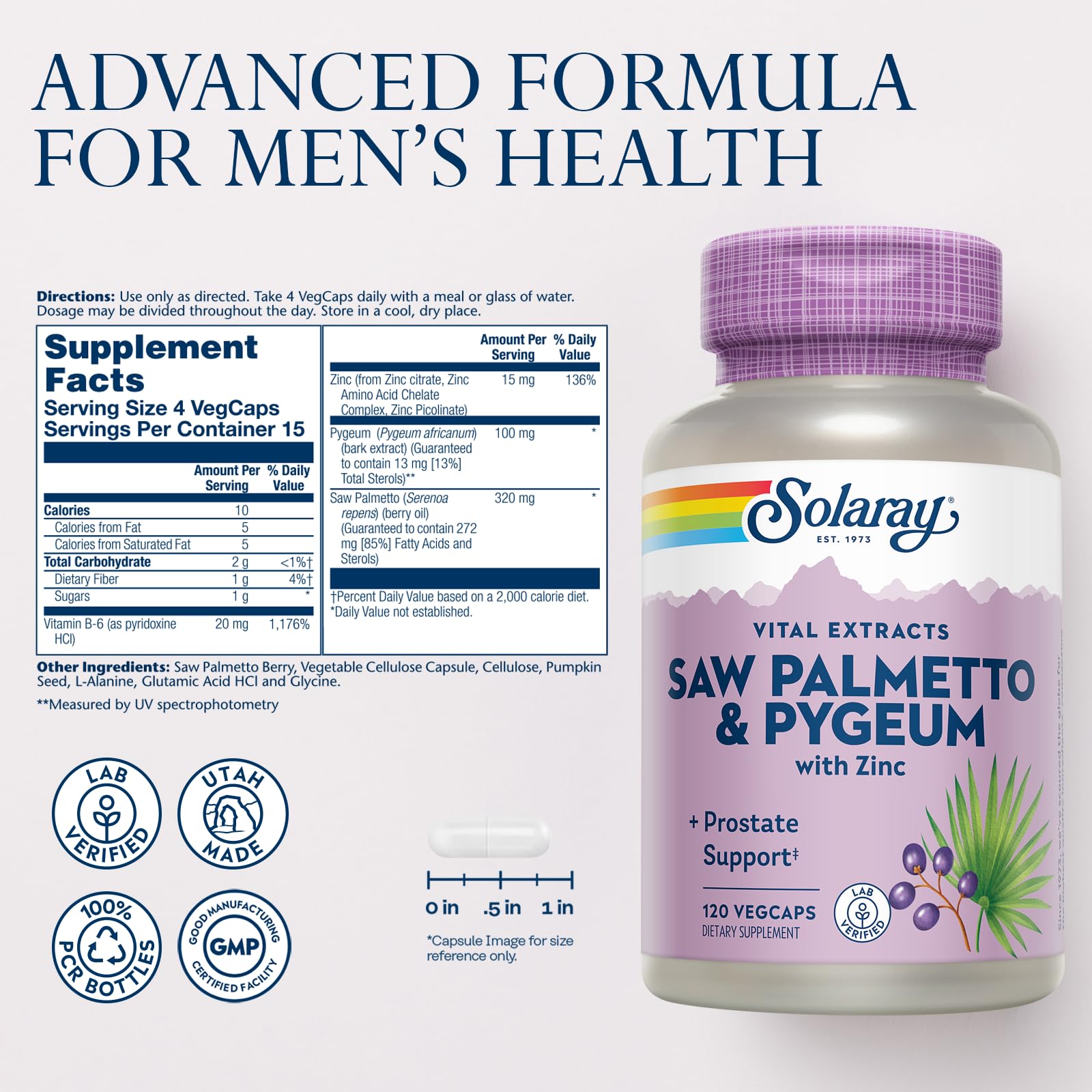 SOLARAY Saw Palmetto & Pygeum capsules close-up showing premium ingredients.