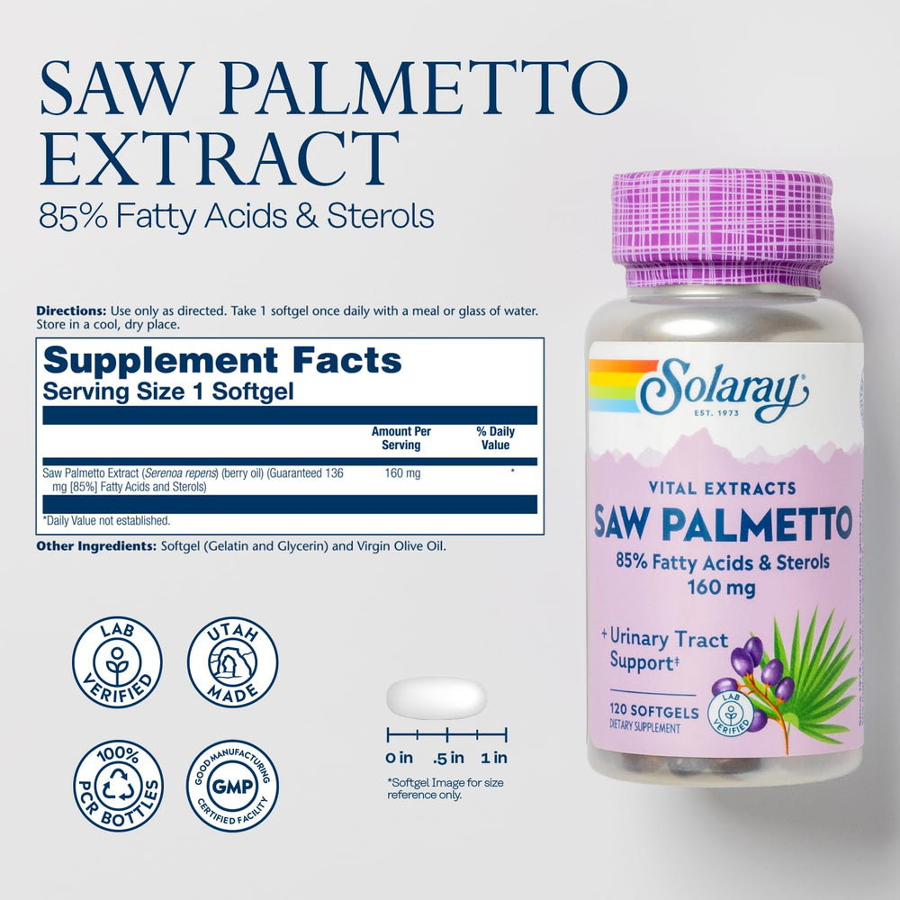 SOLARAY Saw Palmetto softgels close-up highlighting potency.