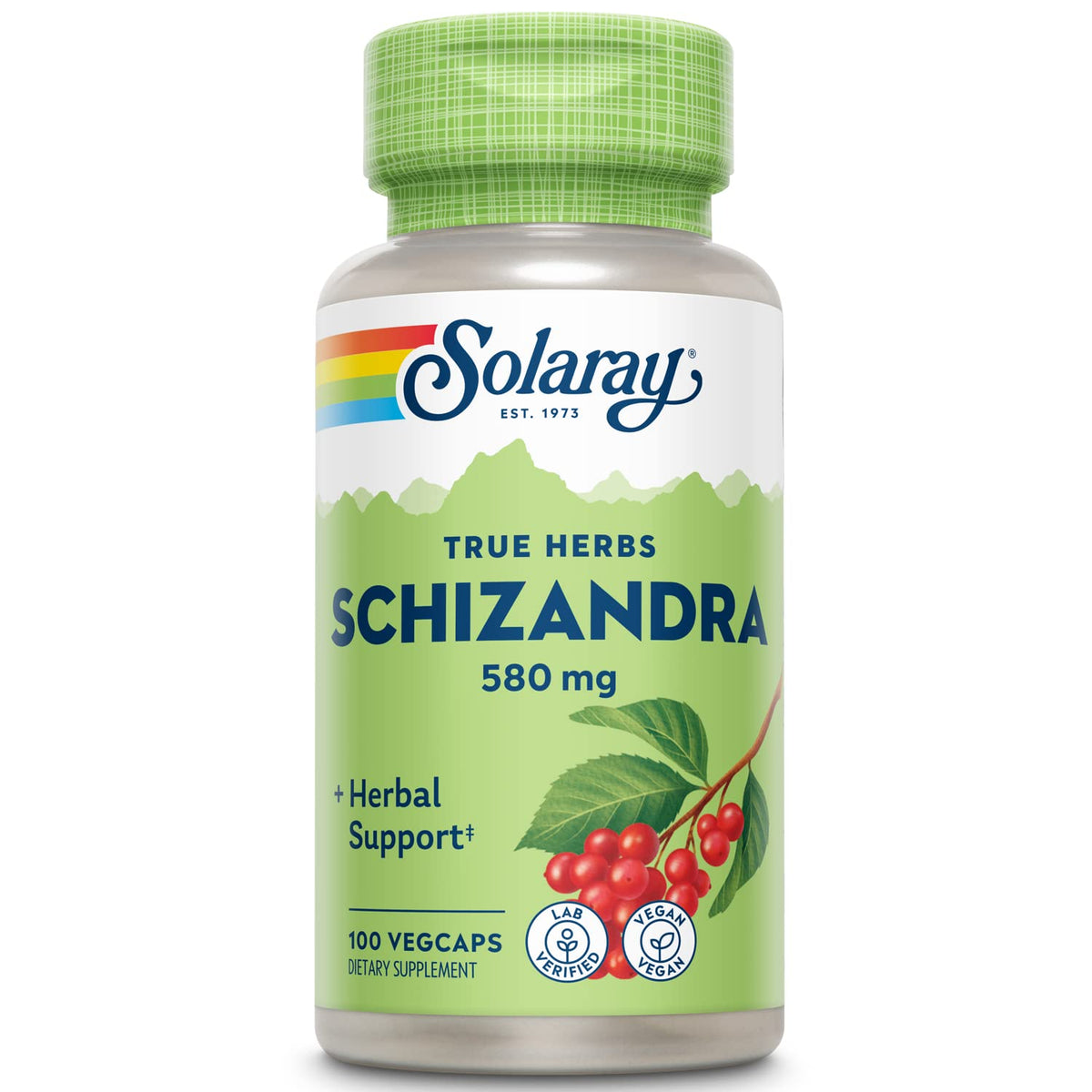 SOLARAY Schizandra Berries 580 mg bottle supports daily vitality.