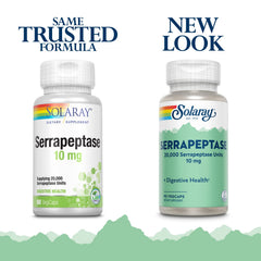 Solaray Serrapeptase enteric-coated capsules close-up showing stomach-safe protection