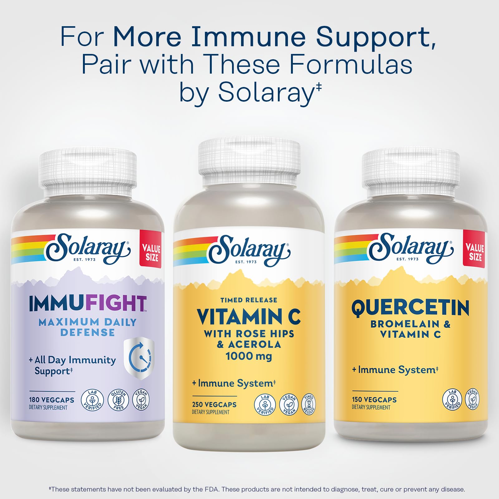 SOLARAY immune-support branding on bottle signals daily wellness potential.