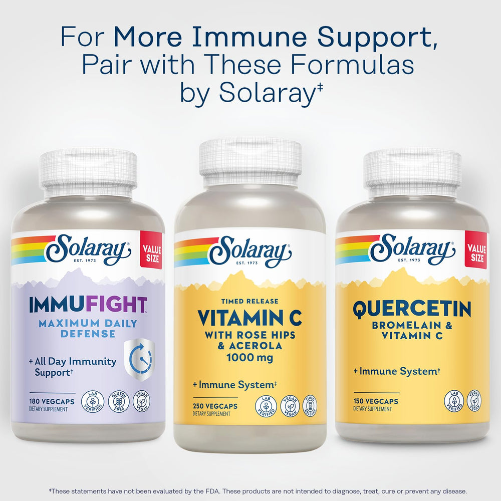 SOLARAY immune-support branding on bottle signals daily wellness potential.