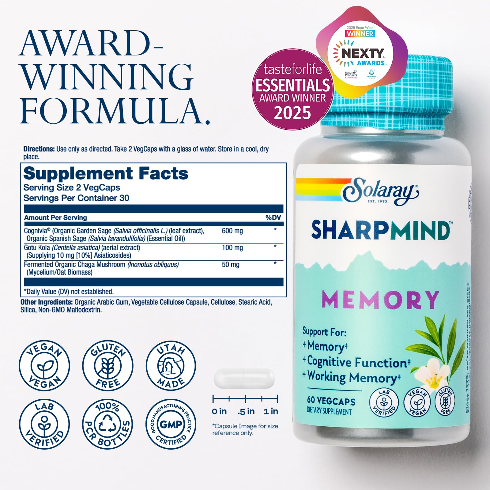 SOLARAY SharpMind capsules collection highlighting vegan, gluten-free cognitive support for daily tasks.