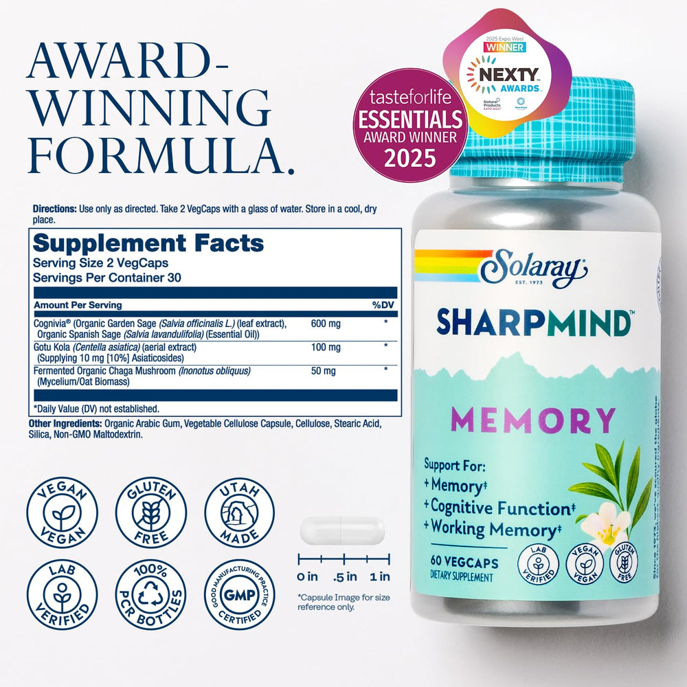 SOLARAY SharpMind capsules collection highlighting vegan, gluten-free cognitive support for daily tasks.