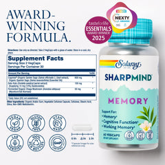 SOLARAY SharpMind capsules collection highlighting vegan, gluten-free cognitive support for daily tasks.