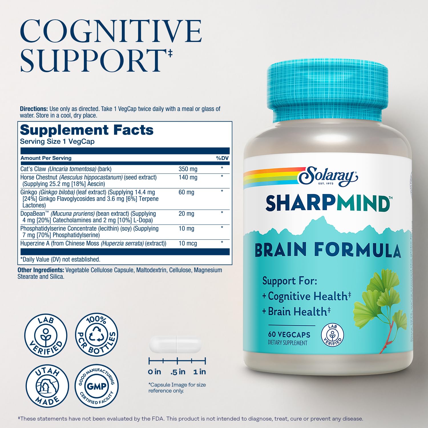 SOLARAY SharpMind capsules on display for convenient cognitive support.
