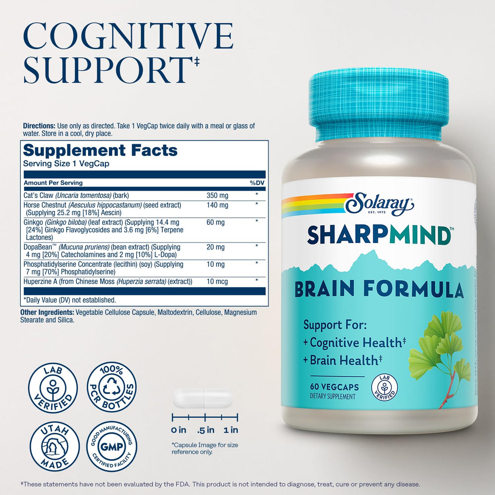 SOLARAY SharpMind capsules on display for convenient cognitive support.