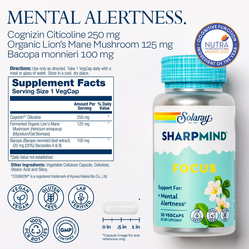 SOLARAY SharpMind Focus bottle showcasing vegan capsules.