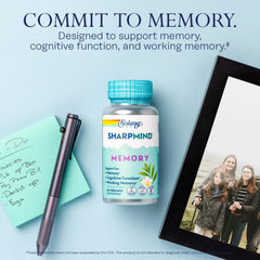 SOLARAY SharpMind label closeup emphasizing Cognivia blend and Gotu Kola for brain health.