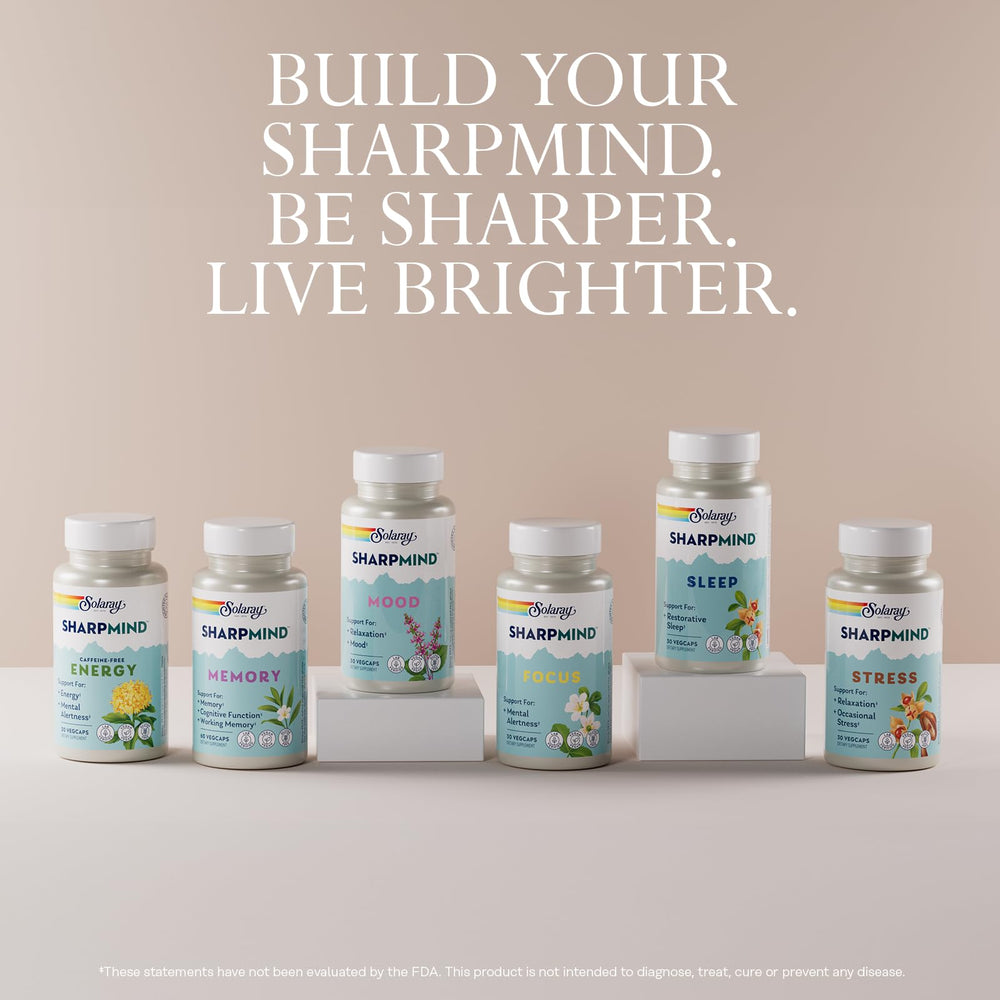 SOLARAY SharpMind nutrition facts panel noting Chaga and Ginkgo Biloba alternative for daily wellness.