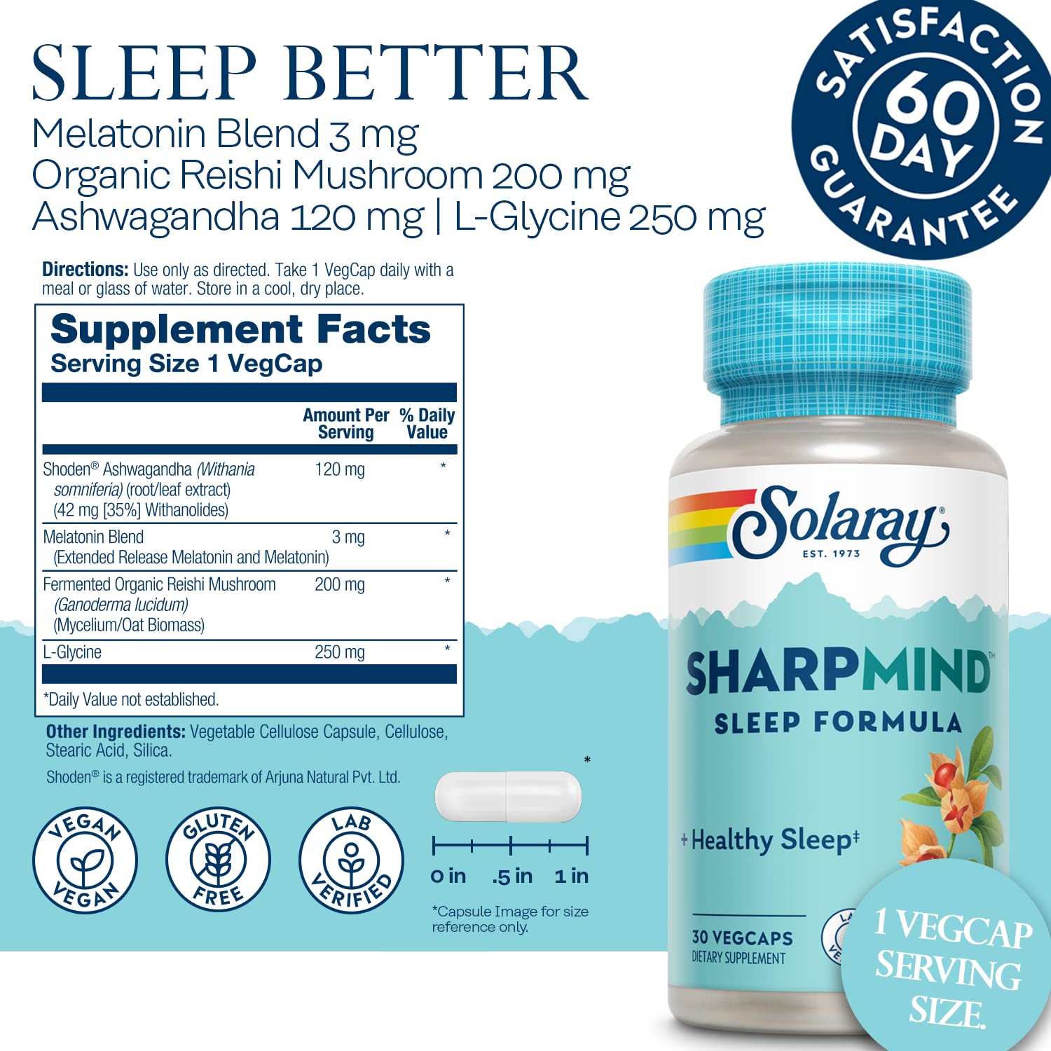 Pouring SOLARAY SharpMind Sleep bottle reveals capsules for restful nights