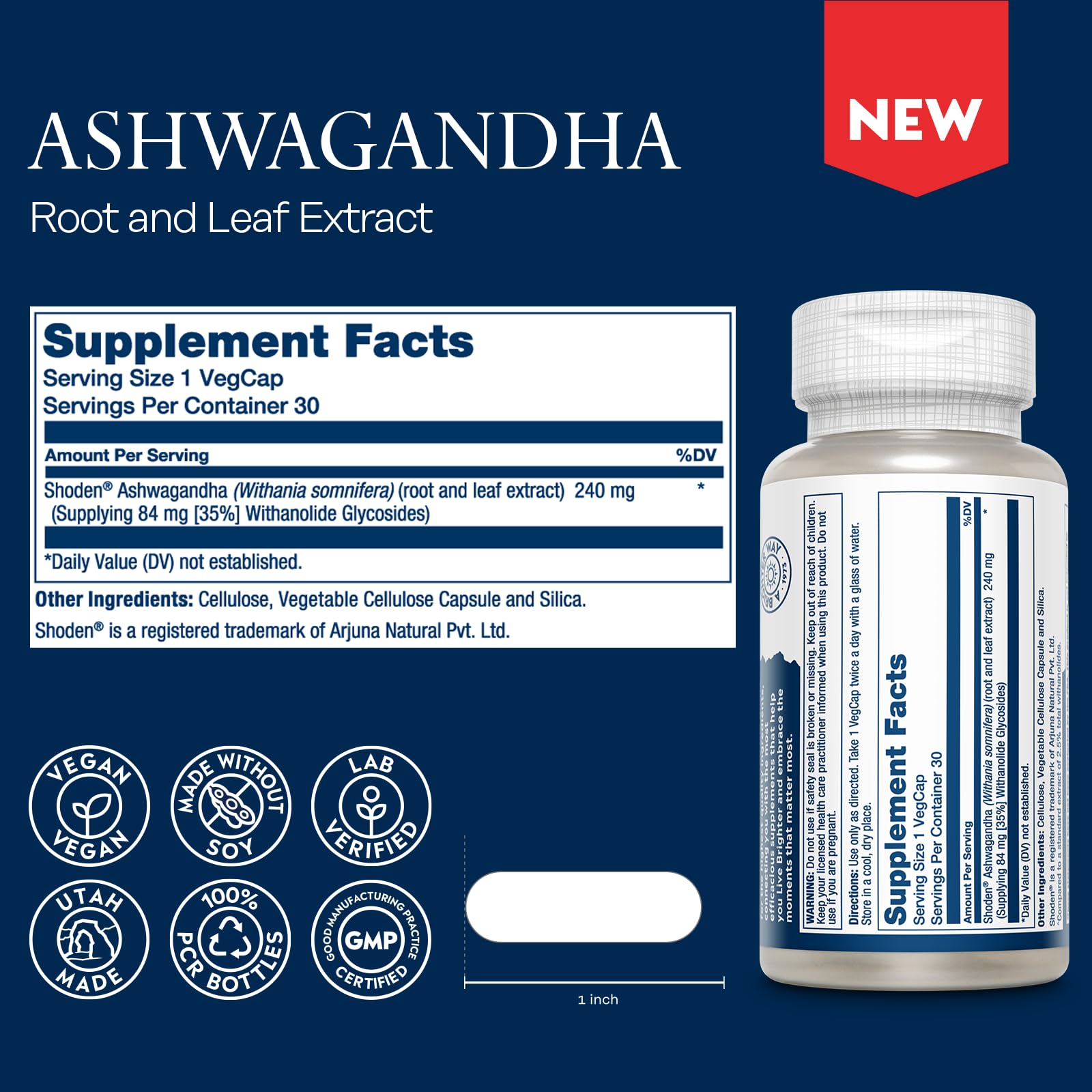SOLARAY Shoden Ashwagandha extract label shows 84 mg withanolide glycosides