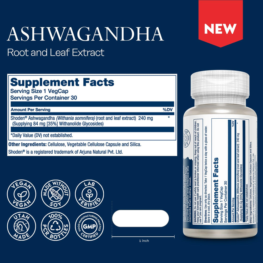 SOLARAY Shoden Ashwagandha extract label shows 84 mg withanolide glycosides